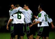 24 March 2000; Roy Keane of Republic of Ireland, 6,  is congratulated by team-mates, from left, Gary Kelly, Ian Harte and Robbie Keane after scoring against Cyprus during the 2002 FIFA World Cup Qualification Group 2 match between Cyprus and Republic of Ireland at GSP Stadium in Nicosia, Cyprus. Photo by Damien Eagers/Sportsfile
