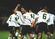 24 March 2000; Robbie Keane, 10, celebrates after team-mate Roy Keane, 6, scored during the 2002 FIFA World Cup Qualification Group 2 match between Cyprus and Republic of Ireland at GSP Stadium in Nicosia, Cyprus. Photo by Damien Eagers/Sportsfile