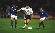 24 March 2000; Kevin Kilbane of Republic of Ireland in action against Pounnas Panagiotis, left, and Theodotou Georgis of Cyprus during the 2002 FIFA World Cup Qualification Group 2 match between Cyprus and Republic of Ireland at GSP Stadium in Nicosia, Cyprus. Photo by Damien Eagers/Sportsfile
