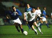24 March 2000; Robbie Keane of Republic of Ireland in action against Filippos Filippou of Cyprus during the 2002 FIFA World Cup Qualification Group 2 match between Cyprus and Republic of Ireland at GSP Stadium in Nicosia, Cyprus. Photo by David Maher/Sportsfile