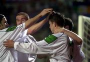 24 March 2001; Ian Harte of Republic of Ireland, front, celebrates with team-mates after scoring a goal from a penalty the 2002 FIFA World Cup Qualification Group 2 match between Cyprus and Republic of Ireland at GSP Stadium in Nicosia, Cyprus. Photo by David Maher/Sportsfile
