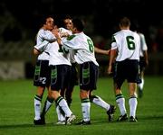 24 March 2000; Gary Kelly of Republic of Ireland, left, is congratuled by team-mates Robbie Keane, Matt Holland and Mark Kinsella after scoring his side's third goal during the 2002 FIFA World Cup Qualification Group 2 match between Cyprus and Republic of Ireland at GSP Stadium in Nicosia, Cyprus. Photo by Damien Eagers/Sportsfile