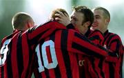 25 March 2001; Bohemians goalscorer Glen Crowe, 10, is congratulated by team-mates, from left, Gary O'Neill, Trevor Molloy and Stephen Caffrey during the FAI Harp Larger Cup Quarter-Final match between Kilkenny City and Bohemians at Buckley Park in Kilkenny. Photo by Matt Browne/Sportsfile