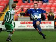25 March 2001; Kevin McHugh of Finn Harps in action against Stephen Gifford of Bray Wanderers during the Eircom League Premier Division match between Bray Wanderers and Finn Harps at the Carlisle Grounds in Bray, Wicklow. Photo by Ray Lohan/Sportsfile