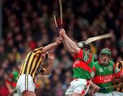 25 March 2001; Billy Dooley of Seir Kieran breaks his hurl contesting possession against John Paul O'Meara of Birr during the Offaly County Senior Hurling Championship Final match between Birr and Seir Kieran at St Brendan's Park in Birr, Offaly. Photo by Brendan Moran/Sportsfile