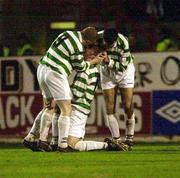 26 March 2001; Patrick Deans of Shamrock Rovers, 7,  is congratulated after scoring his side's first goal during the FAI Cup Quarter Final match between Shelbourne and Shamrock Rovers at Tolka Park in Dublin. Photo by Brendan Moran/Sportsfile