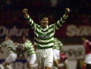 26 March 2001; Pascal Vaudequin of Shamrock Rovers celebrates after team-mate Patrick Deans scored his side's first goal during the FAI Cup Quarter Final match between Shelbourne and Shamrock Rovers at Tolka Park in Dublin. Photo by Brendan Moran/Sportsfile
