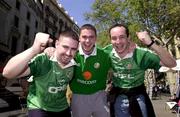 27 March 2001; Republic of Ireland fans, from left, Wesley Murtagh, Stephen Burke and Martin Corbett, cheer on the team on the Ramblas, Barcelona in Spain. Photo by David Maher/Sportsfile