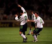 24 March 2001; Gary Kelly of Republic of Ireland, left, celebrates scoring a goal with team-mate Robbie Keane during the 2002 FIFA World Cup Qualification Group 2 match between Cyprus and Republic of Ireland at GSP Stadium in Nicosia, Cyprus. Photo by Damien Eagers/Sportsfile