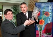 28 March 2001; The Irish Handball Council announced details of this weekwnd's Waterford Crystal Irish Nationals which will feature three current of former World Open Singles champions as well as all the top Irish players in the Men's and Ladies Open Singles events. Pictured are Mr Mel Morgan, Commercial Manager World Sports at Waterford Crystal, right, and Mr Peter Carter, President of the Irish Handball Council. Photo by Gerry Barton/Sportsfile