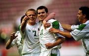 28 March 2001; Kevin Kilbane of Republic of Ireland, centre, celebrates scoring his side's second goal with team-mates Damien Duff, left, and Ian Harte during the 2002 FIFA World Cup Qualifier match between Andorra and Republic of Ireland at the Mini Estadi in Barcelona, Spain. Photo by David Maher/Sportsfile