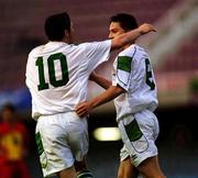 28 March 2001; Matt Holland, right, of Republic of Ireland celebrates scoring the third goal against Andorra with team-mate Robbie Keane during the 2002 FIFA World Cup Qualifier match between Andorra and Republic of Ireland at the Mini Estadi in Barcelona, Spain. Photo by David Maher/Sportsfile