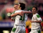 28 March 2001; Kevin Kilbane, 11, of Republic of Ireland celebrates with team-mate Damien Duff after scoring his side's second goal during the 2002 FIFA World Cup Qualifier match between Andorra and Republic of Ireland at the Mini Estadi in Barcelona, Spain. Photo by David Maher/Sportsfile