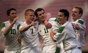 28 March 2001; Kevin Kilbane of Republic of Ireland, 11, celebrates scoring his side's second goal with team-mates, from left, Robbie Keane, Damien Duff, Ian Harte, and Gary Doherty during the 2002 FIFA World Cup Qualifier match between Andorra and Republic of Ireland at the Mini Estadi in Barcelona, Spain. Photo by David Maher/Sportsfile