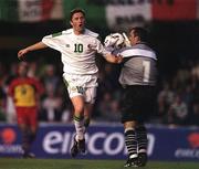 28 March 2001; Robbie Keane of Republic of Ireland races in to challenge Andorra goalkeeper Alfonzo Sachez during the 2002 FIFA World Cup Qualifier match between Andorra and Republic of Ireland at the Mini Estadi in Barcelona, Spain. Photo by David Maher/Sportsfile