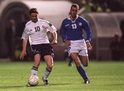 24 March 2001; Robbie Keane of Republic of Ireland in action against Filippos Filippou of Cyprus during the 2002 FIFA World Cup Qualification Group 2 match between Cyprus and Republic of Ireland at GSP Stadium in Nicosia, Cyprus. Photo by Damien Eagers/Sportsfile