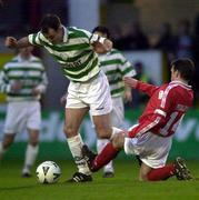 29 March 2001; Derek Treacy of Shamrock Rovers in action against Pat Fenlon of Shelbourne during the FAI Cup Quarter Final match between Shelbourne and Shamrock Rovers at Tolka Park in Dublin. Photo by Ray McManus/Sportsfile