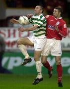 29 March 2001; Tony Grant of Shamrock Rovers in action against Owen Heary of Shelbourne during the FAI Cup Quarter Final match between Shelbourne and Shamrock Rovers at Tolka Park in Dublin. Photo by Ray McManus/Sportsfile