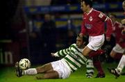29 March 2001; Terry Palmer of Shamrock Roers in action against Pat Fenlon of Shelbourne during the FAI Cup Quarter Final match between Shelbourne and Shamrock Rovers at Tolka Park in Dublin. Photo by Ray McManus/Sportsfile