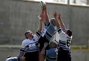 31 March 2001; Mark McConnell of Galwegians fields a high ball ahead of John Langford, left, and Redmond Collins, 6, of Shannon during the AIB All-Ireland League Rugby Division 1 match between Shannon RFC and Galwegians RFC at Thomond Park in Limerick. Photo by Brendan Moran/Sportsfile