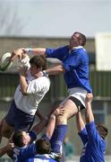 31 March 2001; Donncha O'Callaghan of Cork Constitution takes the ball in the lineout from Trevor Brennan of St Mary's during the AIB All-Ireland League Division 1 match between Cork Constitution RFC and St Mary's RFC at Temple Hill in Cork. Photo by Matt Browne/Sportsfile