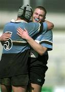 31 March 2001; Galwegians players Damien Browne, right, and Mark McConnell celebrate after the AIB All-Ireland League Rugby Division 1 match between Shannon RFC and Galwegians RFC at Thomond Park in Limerick. Photo by Brendan Moran/Sportsfile