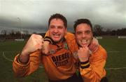 1 April 2001; Winning goal scorer Keith Bruin, left, of Portmarnock celebrates with team-mate Barry Flynn after the FAI Lager Cup Third Round match between Portmarnock and Dundalk at John Hyland Park in Dublin. Photo by David Maher/Sportsfile