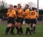 1 April 2001; Keith Bruin, 6, of Portmarnock celebrates with team-mates Declan Dolan, left, Damien O'Hara, centre, and David Mooney after scoring his side's winning goal during the FAI Lager Cup Third Round match between Portmarnock and Dundalk at John Hyland Park in Dublin. Photo by David Maher/Sportsfile