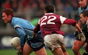 8 April 2001; Peadar Andrews of Dublin in action against Matthew Clancy of Galway during the Allianz GAA National Football League Division 1A match between Dublin and Galway at Parnell Park in Dublin. Photo by Ray McManus/Sportsfile