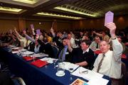 7 April 2001; Tipperary delegates and others voting against the Kilmore motion to allow other codes to play games at Croke Park at GAA Annual Congress 2001 at the Burlington Hotel in Dublin. Photo by Ray McManus/Sportsfile