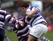 26 March 2001; Eoin O'Keeffe, Blackrock College, is tackled by Conor Hagan, Terenure College. Leinster Schools Junior Cup semi-final, Donnybrook, Dublin. Rugby. Picture credit; Brendan Moran / SPORTSFILE *(EDI)*