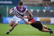 9 February 2016; Thomas Monaghan, Clongowes Wood College, is tackled by Eoghan Clarke, CBC Monkstown. Bank of Ireland Leinster Schools Senior Cup 2nd Round, Clongowes Wood College v CBC Monkstown. Donnybrook Stadium, Donnybrook, Dublin. Picture credit: Brendan Moran / SPORTSFILE