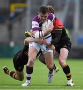 9 February 2016; Michael Silvester, Clongowes Wood College, is tackled by Darragh Porter, left, and THomas O'Callaghan, CBC Monkstown. Bank of Ireland Leinster Schools Senior Cup 2nd Round, Clongowes Wood College v CBC Monkstown. Donnybrook Stadium, Donnybrook, Dublin. Picture credit: Brendan Moran / SPORTSFILE