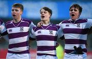 9 February 2016; Clongowes Wood College players, from left, Fiachra Lynch, Joseph Murphy and Tadgh Dooley celebrate after the game. Bank of Ireland Leinster Schools Senior Cup 2nd Round, Clongowes Wood College v CBC Monkstown. Donnybrook Stadium, Donnybrook, Dublin. Picture credit: Brendan Moran / SPORTSFILE