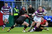 9 February 2016; Michael Silvester, Clongowes Wood College, is tackled by Zach Sattar, right, and Thomas O'Callaghan, CBC Monkstown. Bank of Ireland Leinster Schools Senior Cup 2nd Round, Clongowes Wood College v CBC Monkstown. Donnybrook Stadium, Donnybrook, Dublin. Picture credit: Brendan Moran / SPORTSFILE
