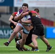 9 February 2016; Edward Carroll, Clongowes Wood College, is tackled by Robert Jordan, Zach Sattar and Alex Holmes, right, CBC Monkstown. Bank of Ireland Leinster Schools Senior Cup 2nd Round, Clongowes Wood College v CBC Monkstown. Donnybrook Stadium, Donnybrook, Dublin. Picture credit: Brendan Moran / SPORTSFILE