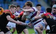9 February 2016; Patrick Nulty, Clongowes Wood College, is tackled by William Fry, left, and Tom Kelly, CBC Monkstown. Bank of Ireland Leinster Schools Senior Cup 2nd Round, Clongowes Wood College v CBC Monkstown. Donnybrook Stadium, Donnybrook, Dublin. Picture credit; David Fitzgerald / SPORTSFILE