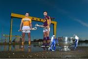10 February 2016; Pictured at the launch of the 2016 Allianz Hurling League are Antrim’s Liam Watson, left, and Wexford’s Lee Chin. Wexford will face Limerick in the opening round of the Allianz Hurling League Division 1 in the Gaelic Grounds, Limerick, this Saturday, February 13th, whilst Antrim face Derry in the first round of Division 2 in Owenbeg, Co. Derry, on Sunday, February 14th. Harland & Wolf site, Belfast, Co. Antrim. Photo by Sportsfile