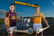 10 February 2016; Pictured at the launch of the 2016 Allianz Hurling League are Antrim’s Liam Watson, right, and Wexford’s Lee Chin. Wexford will face Limerick in the opening round of the Allianz Hurling League Division 1 in the Gaelic Grounds, Limerick, this Saturday, February 13th, whilst Antrim face Derry in the first round of Division 2 in Owenbeg, Co. Derry, on Sunday, February 14th. Harland & Wolf site, Belfast, Co. Antrim. Photo by Sportsfile