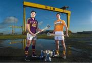 10 February 2016; Pictured at the launch of the 2016 Allianz Hurling League are Antrim’s Liam Watson, right, and Wexford’s Lee Chin. Wexford will face Limerick in the opening round of the Allianz Hurling League Division 1 in the Gaelic Grounds, Limerick, this Saturday, February 13th, whilst Antrim face Derry in the first round of Division 2 in Owenbeg, Co. Derry, on Sunday, February 14th. Harland & Wolf site, Belfast, Co. Antrim. Photo by Sportsfile