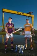 10 February 2016; Pictured at the launch of the 2016 Allianz Hurling League are Antrim’s Liam Watson, right, and Wexford’s Lee Chin. Wexford will face Limerick in the opening round of the Allianz Hurling League Division 1 in the Gaelic Grounds, Limerick, this Saturday, February 13th, whilst Antrim face Derry in the first round of Division 2 in Owenbeg, Co. Derry, on Sunday, February 14th. Harland & Wolf site, Belfast, Co. Antrim. Photo by Sportsfile