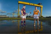 10 February 2016; Pictured at the Belfast launch of the 2016 Allianz Hurling League are Antrim’s Liam Watson and Wexford’s Lee Chin, left. Wexford will face Limerick in the opening round of the Allianz Hurling League Division 1 in the Gaelic Grounds, Limerick, this Saturday, February 13th, whilst Antrim face Derry in the first round of Division 2 in Owenbeg, Co. Derry, on Sunday, February 14th. Harland & Wolf site, Belfast, Co. Antrim. Photo by Sportsfile