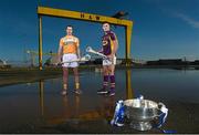 10 February 2016; Pictured at the Belfast launch of the 2016 Allianz Hurling League are Antrim’s Liam Watson and Wexford’s Lee Chin. Wexford will face Limerick in the opening round of the Allianz Hurling League Division 1 in the Gaelic Grounds, Limerick, this Saturday, February 13th, whilst Antrim face Derry in the first round of Division 2 in Owenbeg, Co. Derry, on Sunday, February 14th. Harland & Wolf site, Belfast, Co. Antrim. Photo by Sportsfile
