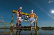 10 February 2016; Pictured at the launch of the 2016 Allianz Hurling League are Antrim’s Liam Watson, right, and Wexford’s Lee Chin. Wexford will face Limerick in the opening round of the Allianz Hurling League Division 1 in the Gaelic Grounds, Limerick, this Saturday, February 13th, whilst Antrim face Derry in the first round of Division 2 in Owenbeg, Co. Derry, on Sunday, February 14th. Harland & Wolf site, Belfast, Co. Antrim. Photo by Sportsfile