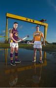 10 February 2016; Pictured at the launch of the 2016 Allianz Hurling League are Antrim’s Liam Watson, right, and Wexford’s Lee Chin. Wexford will face Limerick in the opening round of the Allianz Hurling League Division 1 in the Gaelic Grounds, Limerick, this Saturday, February 13th, whilst Antrim face Derry in the first round of Division 2 in Owenbeg, Co. Derry, on Sunday, February 14th. Harland & Wolf site, Belfast, Co. Antrim. Photo by Sportsfile