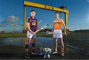 10 February 2016; Pictured at the launch of the 2016 Allianz Hurling League are Antrim’s Liam Watson, right, and Wexford’s Lee Chin. Wexford will face Limerick in the opening round of the Allianz Hurling League Division 1 in the Gaelic Grounds, Limerick, this Saturday, February 13th, whilst Antrim face Derry in the first round of Division 2 in Owenbeg, Co. Derry, on Sunday, February 14th. Harland & Wolf site, Belfast, Co. Antrim. Photo by Sportsfile