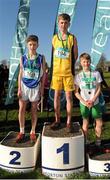 10 February 2016; First place Sean Donoghue, St Declan's Cabra, centre, second place, Coin Sweeney, Ard Scoil Rís, left, and third place Cameron Ramsey, Newpark, after competing in the Minor Boys 2000m at the GloHealth Leinster Schools' Cross Country. Santry Demesne, Dublin. Picture credit: Seb Daly / SPORTSFILE