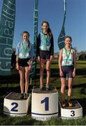 10 February 2016; First place Aine Kiran, Loreto Kilkenny, centre, second place, Una N, St MacDara's CC, left, and third place Caoimhe May, St Wolstans, after competing in the Minor Girls 1500m at the GloHealth Leinster Schools' Cross Country. Santry Demesne, Dublin. Picture credit: Seb Daly / SPORTSFILE