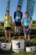 10 February 2016; First place Louis O'Loughlin, Moyle Park, centre, second place Cormac Canning, St Mary's Dheda, left, and third place Shane Fleming, Rochfortbridge, after competing in the Junior Boys 3000m at the GloHealth Leinster Schools' Cross Country. Santry Demesne, Dublin. Picture credit: Seb Daly / SPORTSFILE