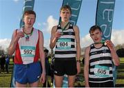 10 February 2016; First place Adam Fitzpatrick, St Kieran's Kilkenny, centre, second place Sean O'Leary, left, and third place Rory Lodge, St Kieran's Kilkenny, after competing in the Intermediate Boys 4500m at the GloHealth Leinster Schools' Cross Country. Santry Demesne, Dublin. Picture credit: Seb Daly / SPORTSFILE